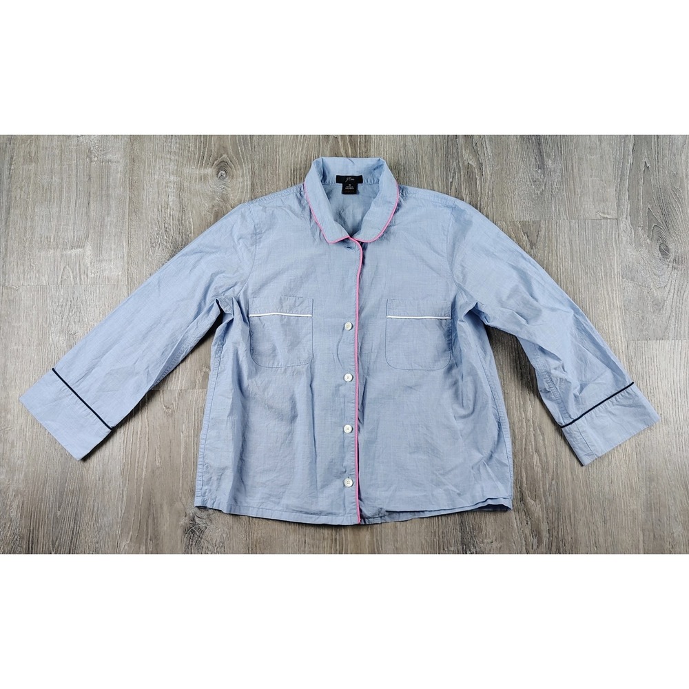 J. Crew Blue Pajama-Style Medium Button-down Top Pink Trim Cotton Collar